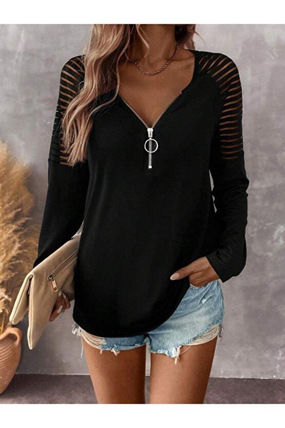 Kadın Uzun Kollu Yakadan Fermuarlı Viskon Bluz