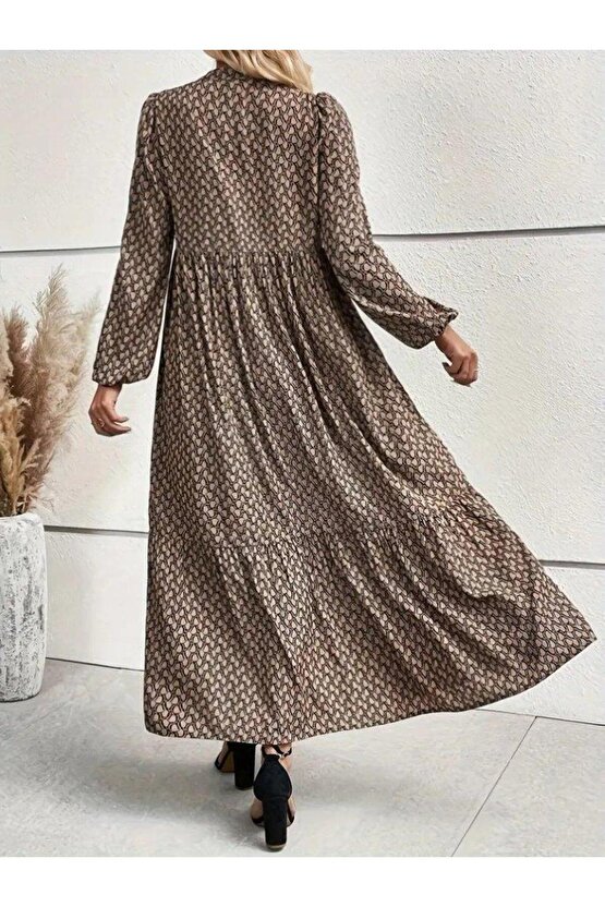 Kadın Uzun Kollu Hakim Yakalı Düğmeli Kemersiz Desenli Maxi Süprem Elbise