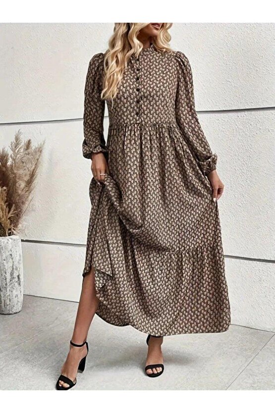 Kadın Uzun Kollu Hakim Yakalı Düğmeli Kemersiz Desenli Maxi Süprem Elbise