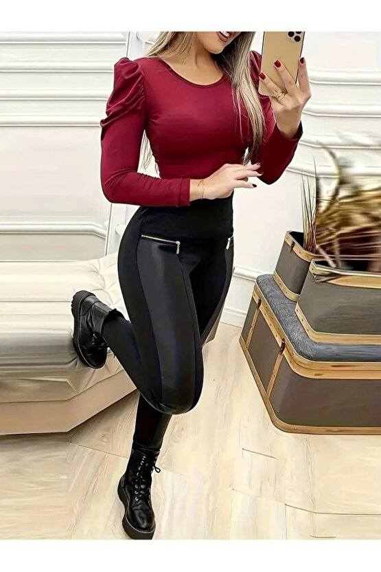 MDB Kadın Yüksek Bel Deri Detaylı Fermuarlı Dalgıç Tayt