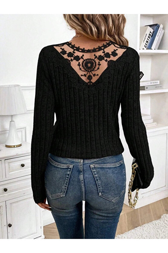 Kadın Uzun Kollu V Yakalı Arkadan Dantel Detaylı şardonlu Kaşkorse Bluz