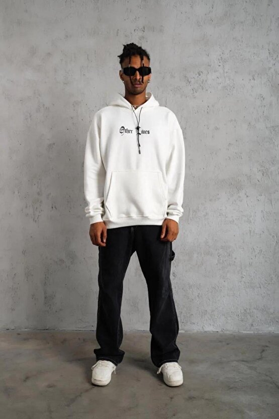 Erkek Oversize Üç İplik Şardonlu Kapüşonlu Sweatshirt – Beyaz Other Lives Ön ve Arka Baskılı, Kang