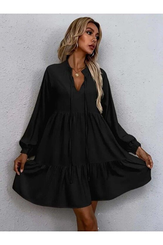 Kadın Uzun Kollu Yakadan Bağcıklı Fırfırlı Keten Mini Elbise