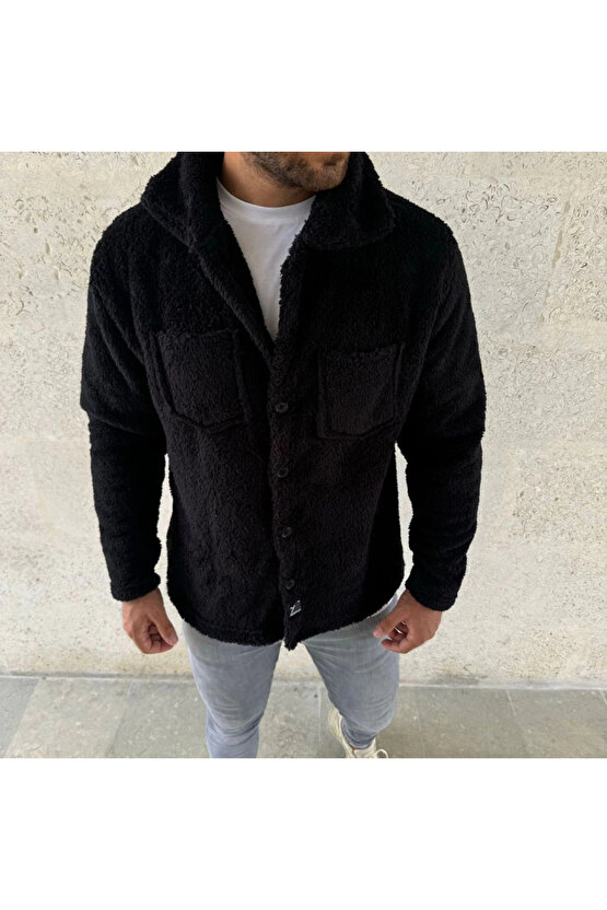 Erkek Pelüş Polar Hırka Gömlek – Yakalı, İlik Düğmeli, Göğüs Cepli, Yumuşak Dokulu Kışlık Regular Fi