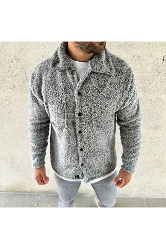 Erkek Pelüş Polar Hırka Gömlek – Yakalı, İlik Düğmeli, Göğüs Cepli, Yumuşak Dokulu Kışlık Regular Fi