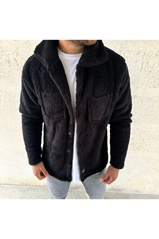 Erkek Pelüş Polar Hırka Gömlek – Yakalı, İlik Düğmeli, Göğüs Cepli, Yumuşak Dokulu Kışlık Regular Fi