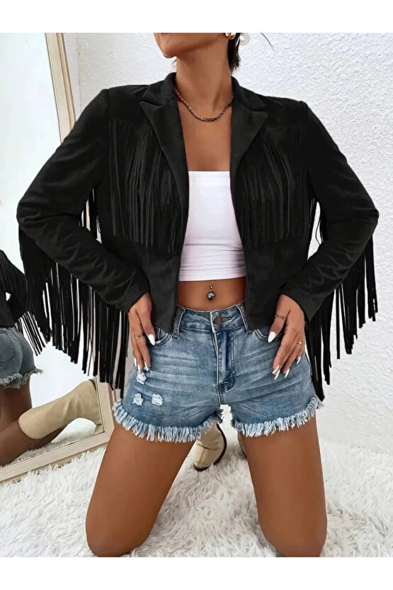 MDB Kadın Uzun Kollu Yakalı Kısa Püsküllü Süet Ceket