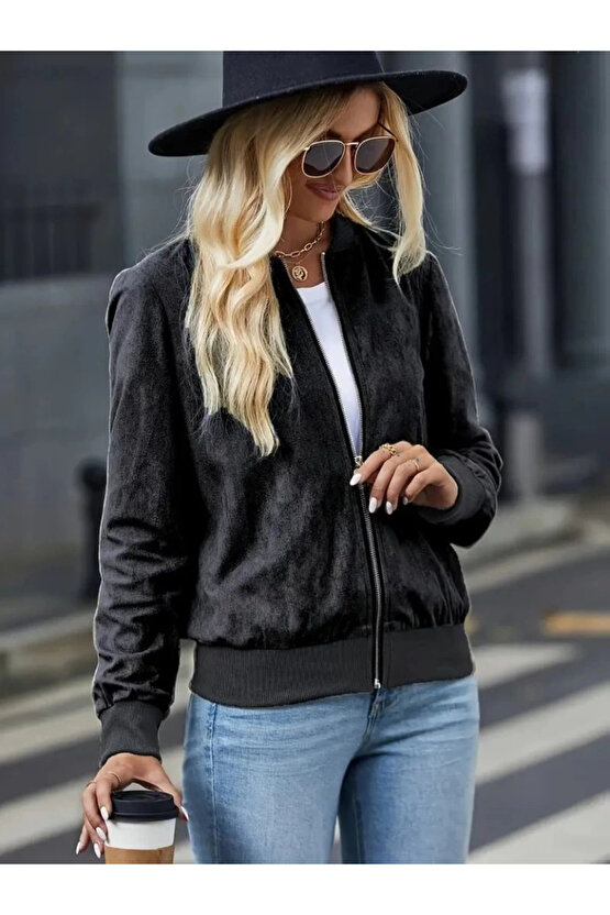 MDB Kadın Uzun Kollu önden Fermuarlı Süet Ceket