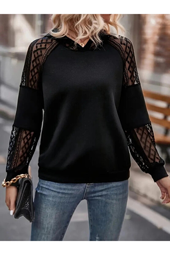 Kadın Uzun Kollu Dantelli Kapşonlu Viskon Iki Iplik Bluz