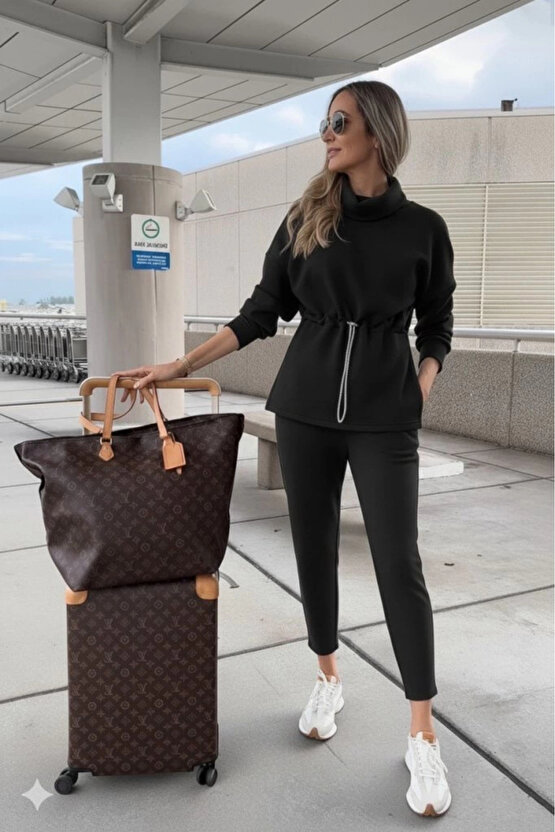 Kadın Uzun Kollu Balıkçı Yaka Belden Lastikli Modal Bluz Ve Pantolon Ikili Takım