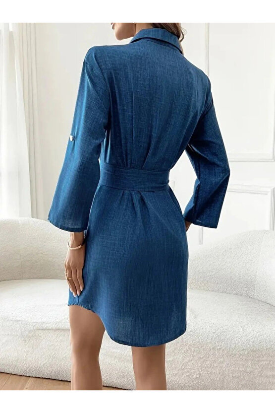 Kadın Uzun Kollu Yakalı önden Düğmeli Beli Kuşaklı Mini Ithal Keten Elbise