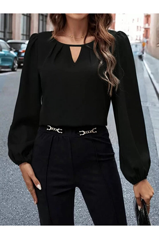 Kadın Uzun Kollu Damla Detaylı Ithal Krep Bluz
