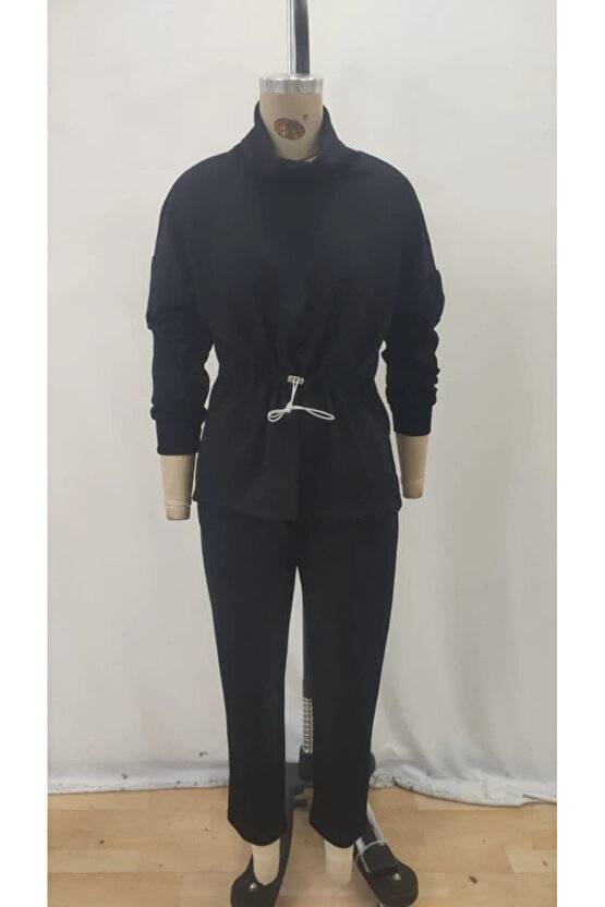 Kadın Uzun Kollu Balıkçı Yaka Belden Lastikli Modal Bluz Ve Pantolon Ikili Takım