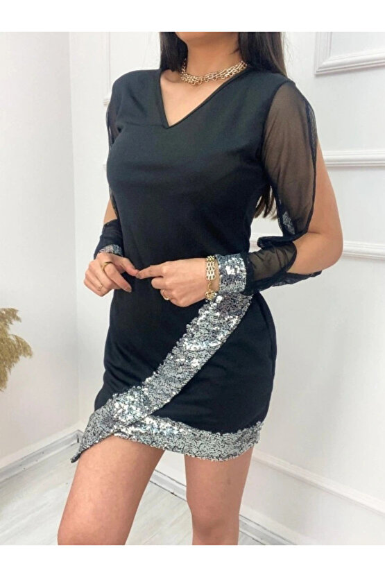 Kadın Uzun Kollu V Yakalı Pulpayetli Ithal Krep Mini Elbise