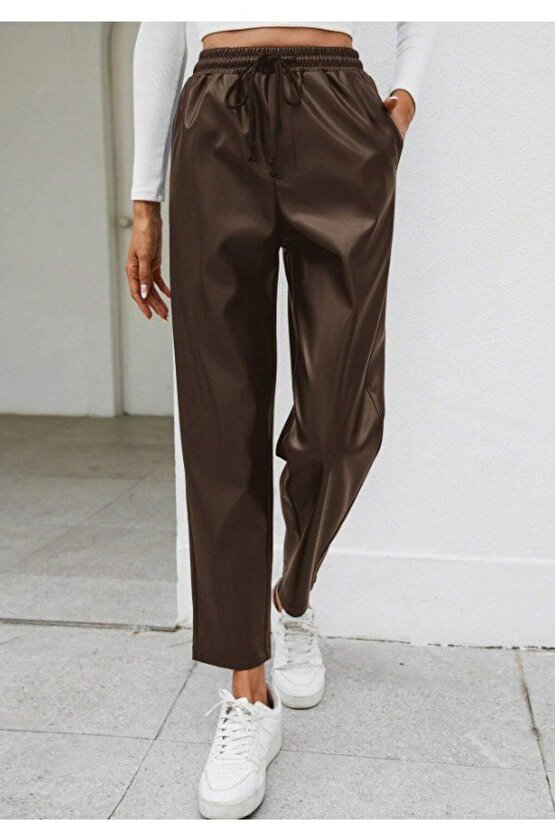 Kadın Yüksel Bel Bağcıklı Deri Pantolon