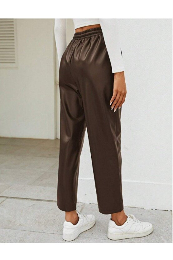 Kadın Yüksel Bel Bağcıklı Deri Pantolon