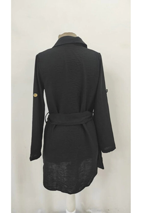 Kadın Uzun Kollu Yakalı önden Düğmeli Beli Kuşaklı Mini Ithal Keten Elbise