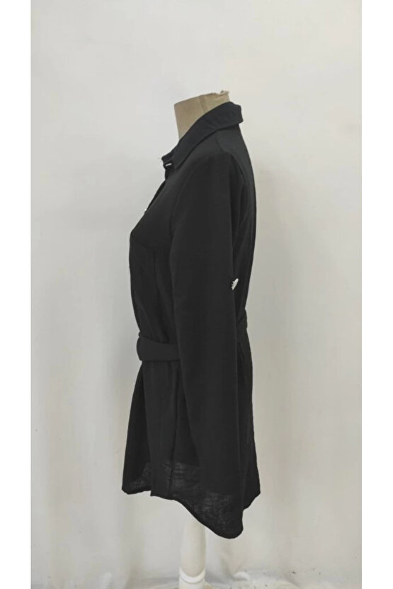 Kadın Uzun Kollu Yakalı önden Düğmeli Beli Kuşaklı Mini Ithal Keten Elbise