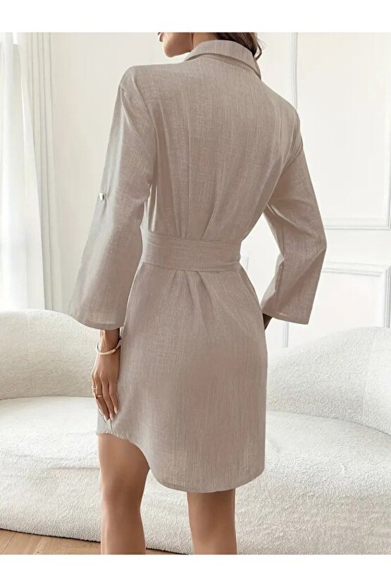 Kadın Uzun Kollu Yakalı önden Düğmeli Beli Kuşaklı Mini Ithal Keten Elbise