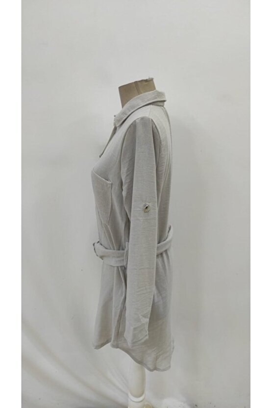 Kadın Uzun Kollu Yakalı önden Düğmeli Beli Kuşaklı Mini Ithal Keten Elbise