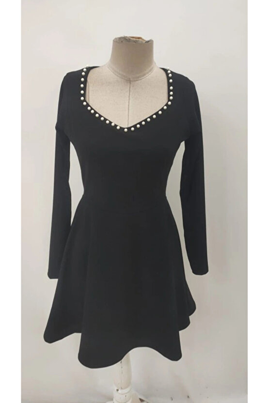 Kadın Uzun Kollu Inci Yakalı Kısa Ithal Krep Elbise