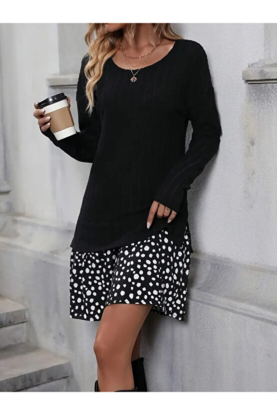 EQURİ Kadın Uzun Kollu Bisiklet Yaka şardonlu Kaşkorse Bluz Ve Süprem Etek Elbise