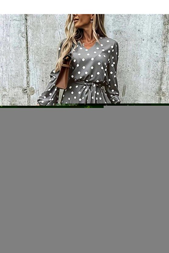 Kadın Uzun Kollu V Yakalı Belden Kuşaklı Puantiyeli Mini Modal Elbise