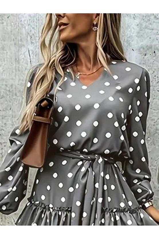 Kadın Uzun Kollu V Yakalı Belden Kuşaklı Puantiyeli Mini Modal Elbise