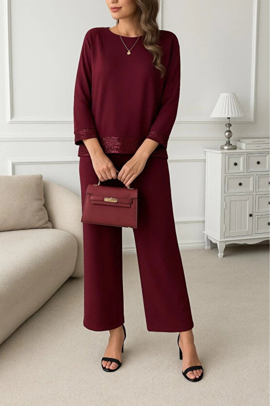 MDB Kadın Uzun Kollu Bisiklet Yaka Pulpayetli Viskon Iki Iplik Bluz Ve Pantolon Ikili Takım