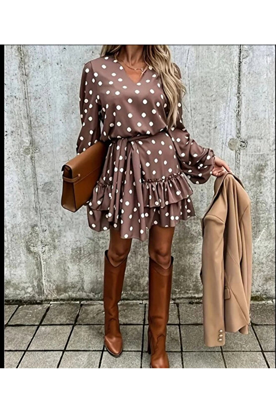 MDB Kadın Uzun Kollu V Yakalı Belden Kuşaklı Puantiyeli Mini Modal Elbise