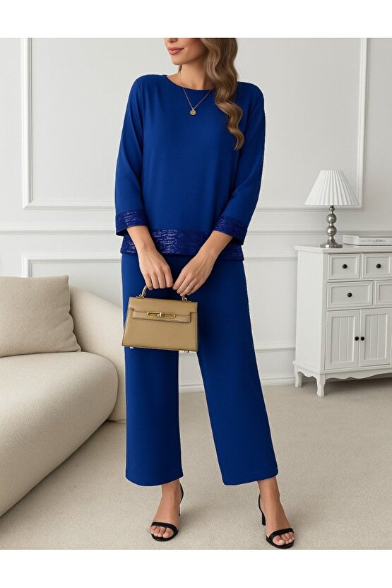 Kadın Uzun Kollu Bisiklet Yaka Pulpayetli Viskon Iki Iplik Bluz Ve Pantolon Ikili Takım