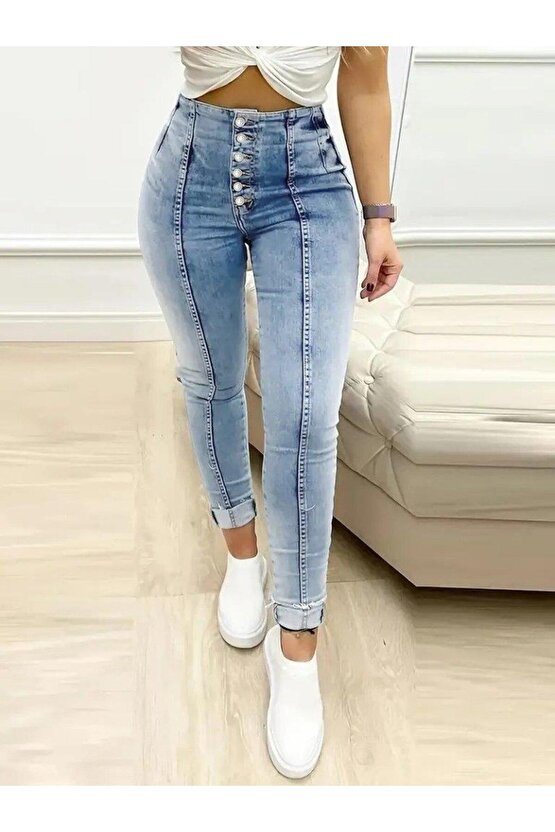 Kadın Yüksek Bel önden Düğmeli Jean Pantolon