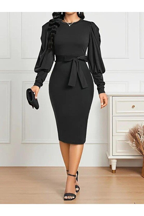 Kadın Uzun Kollu Bisiklet Yaka Beli Kuşaklı Ithal Krep Midi Elbise