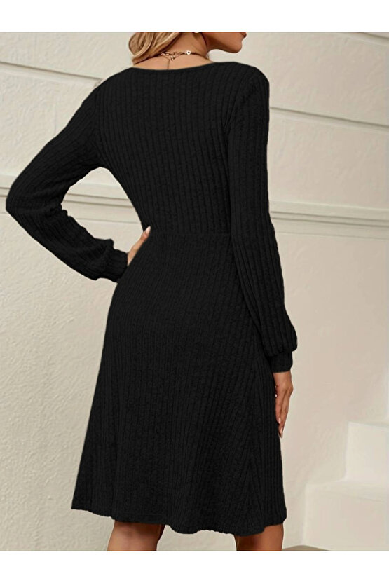 Kadın Uzun Kollu Kare Yaka Düğmeli Kısa şardonlu Iki Iplik Mini Elbise