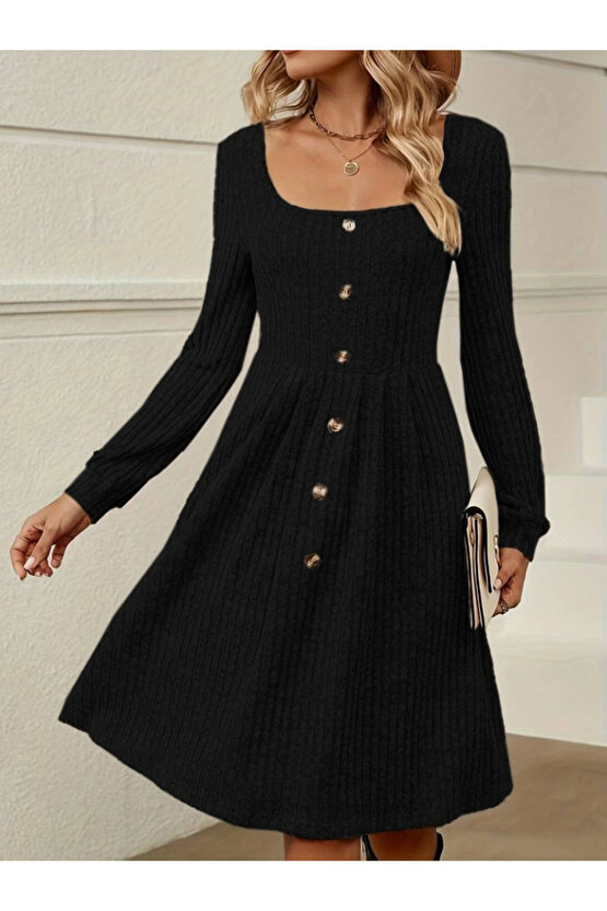 Kadın Uzun Kollu Kare Yaka Düğmeli Kısa şardonlu Iki Iplik Mini Elbise