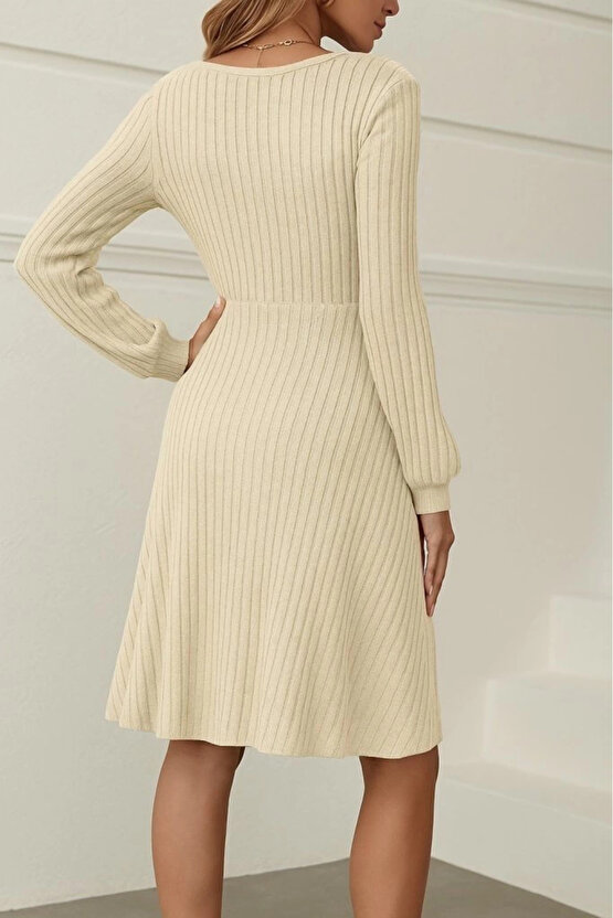 MDB Kadın Uzun Kollu Kare Yaka Düğmeli Kısa şardonlu Iki Iplik Mini Elbise