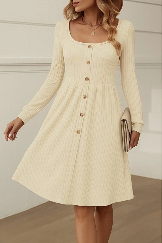 MDB Kadın Uzun Kollu Kare Yaka Düğmeli Kısa şardonlu Iki Iplik Mini Elbise