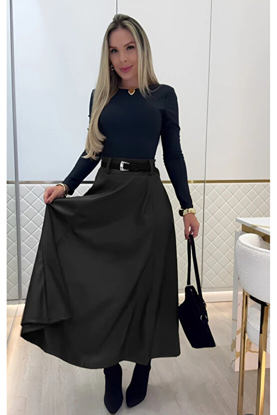 Kadın Yüksek Belli Maxi Deri Kemersiz Etek