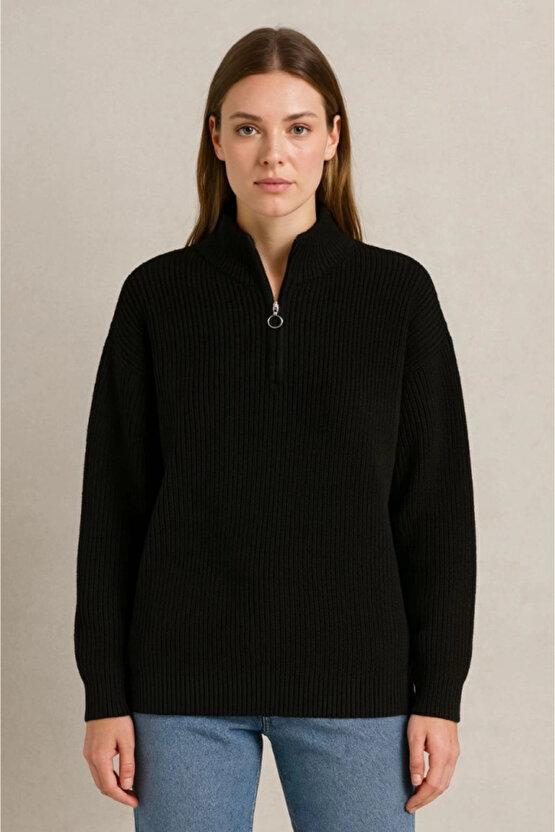 KADIN Yarım Fermuarlı Triko Kazak – Selanik Örgü, Dik Yaka, Pamuklu Dokuma, Oversize Uzun Kollu Kışl