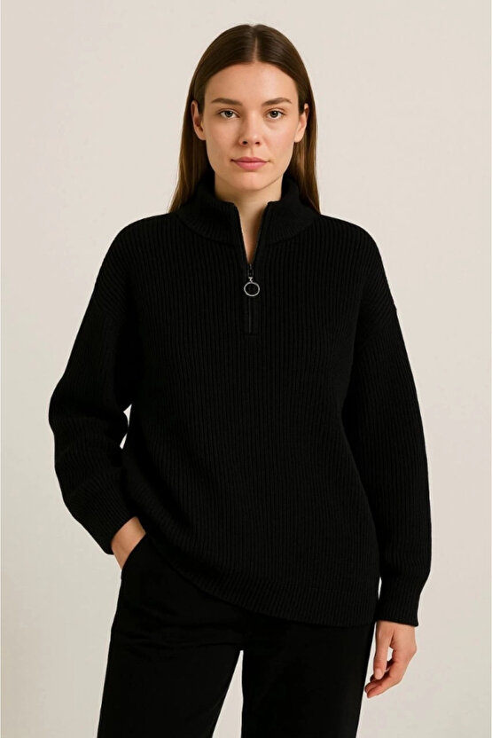 KADIN Yarım Fermuarlı Triko Kazak – Selanik Örgü, Dik Yaka, Pamuklu Dokuma, Oversize Uzun Kollu Kışl