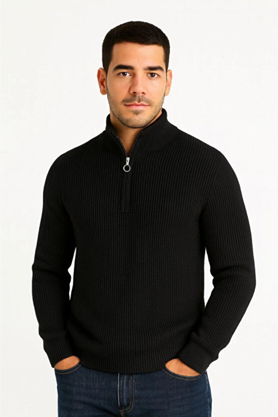 Erkek Yarım Fermuarlı Triko Kazak – Selanik Örgü, Dik Yaka, Pamuklu Dokuma, Regular Fit Uzun Kollu K
