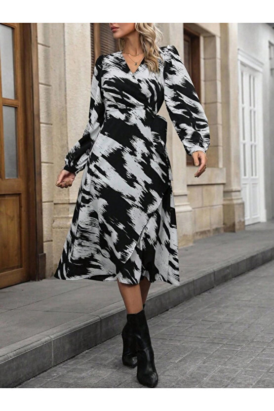 MDB Kadın Uzun Kollu Kruvaze Yakalı Yandan Bağlamalı Desenli Mini Modal Elbise