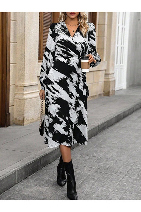 MDB Kadın Uzun Kollu Kruvaze Yakalı Yandan Bağlamalı Desenli Mini Modal Elbise