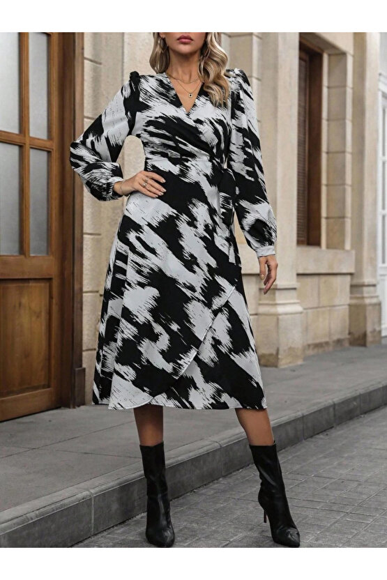 MDB Kadın Uzun Kollu Kruvaze Yakalı Yandan Bağlamalı Desenli Mini Modal Elbise