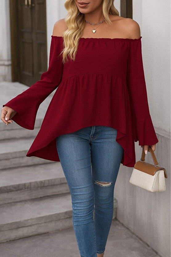 Kadın Uzun Kollu Madonna Yaka Asimetrik Detaylı Kolları Ispanyol Viskon Bluz