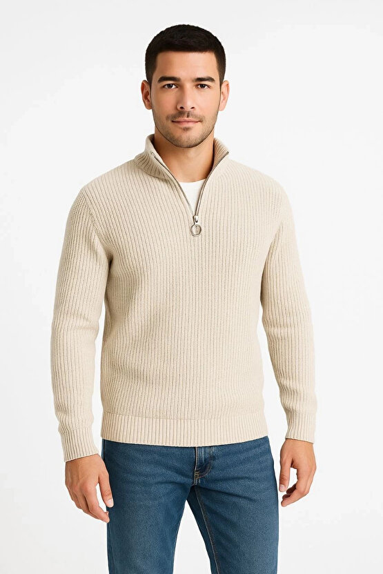 Erkek Yarım Fermuarlı Triko Kazak – Selanik Örgü, Dik Yaka, Pamuklu Dokuma, Regular Fit Uzun Kollu K