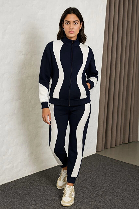 Kadın Premium Parçalı Eşofman Takım - Dik Yaka Fermuarlı Sweatshirt - Siyah