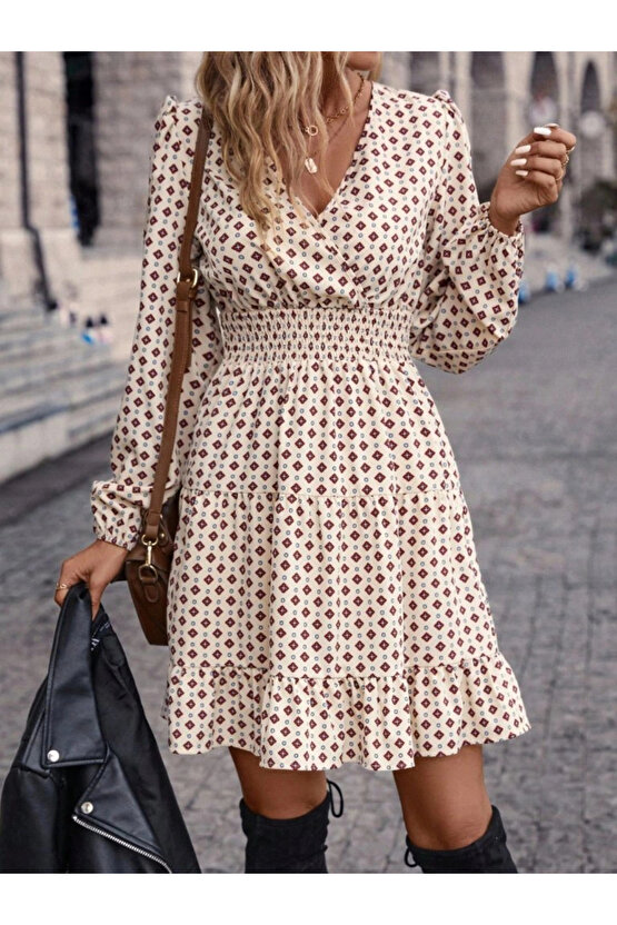 Kadın Uzun Kollu Kruvaze Yaka Desenli Mini Modal Elbise