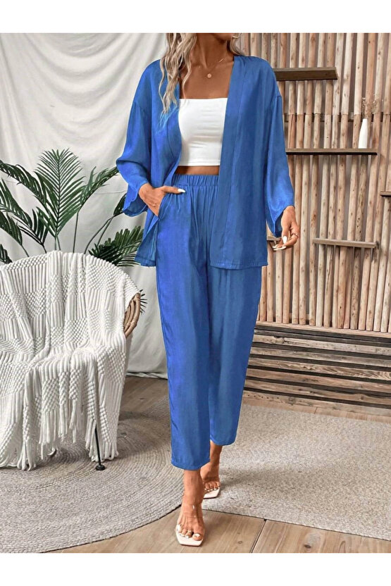 Kadın Uzun Kollu önü Açık Dokuma Ceket Ve Pantolon Ikili Takım