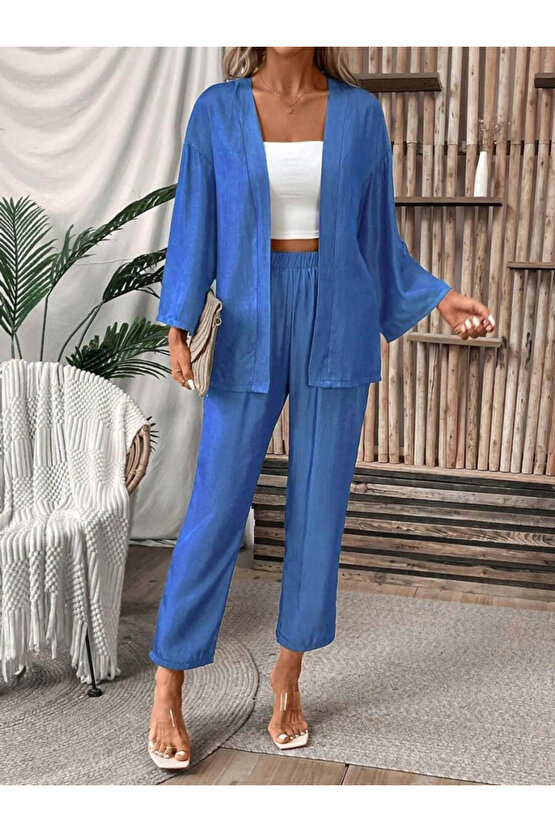 Kadın Uzun Kollu önü Açık Dokuma Ceket Ve Pantolon Ikili Takım